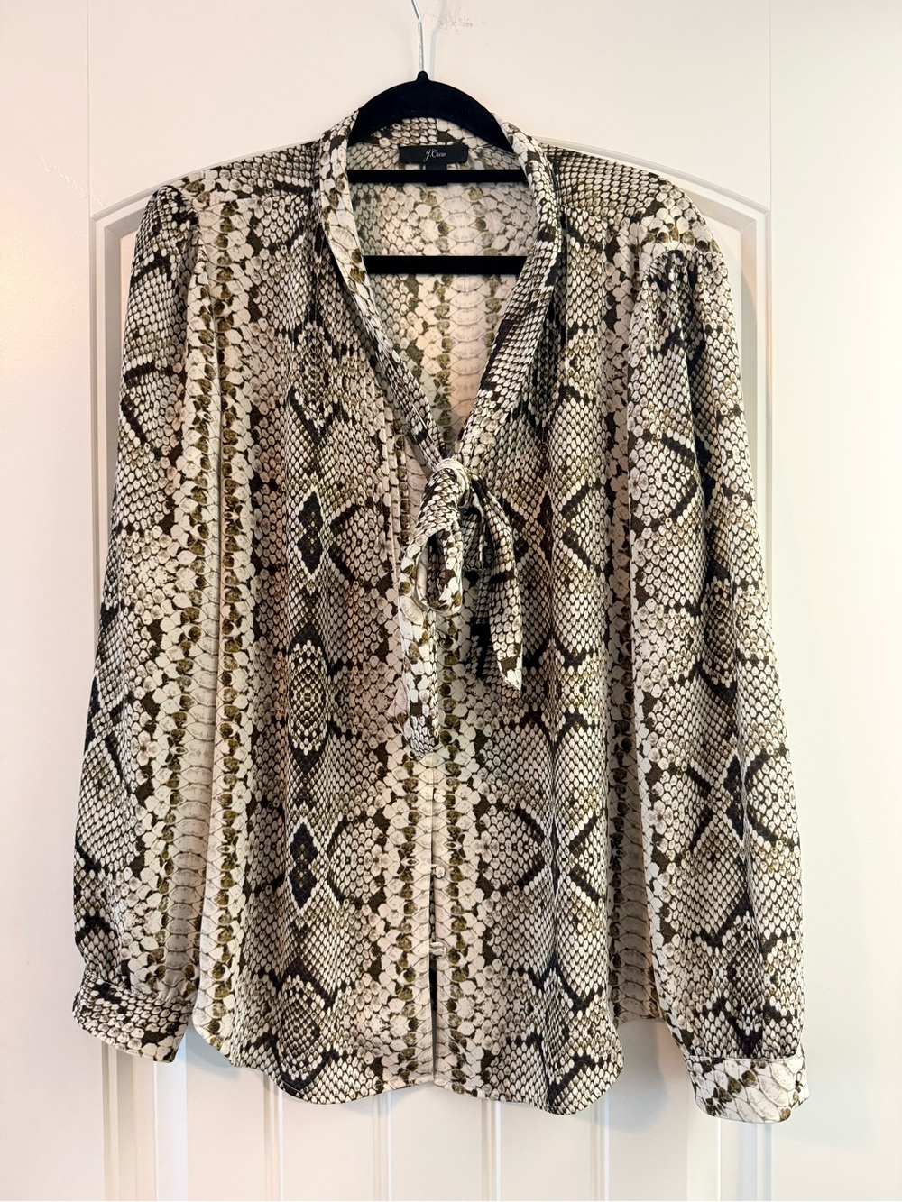 J. Crew Snake-Print Tie-Neck Blouse in Cream and Olive